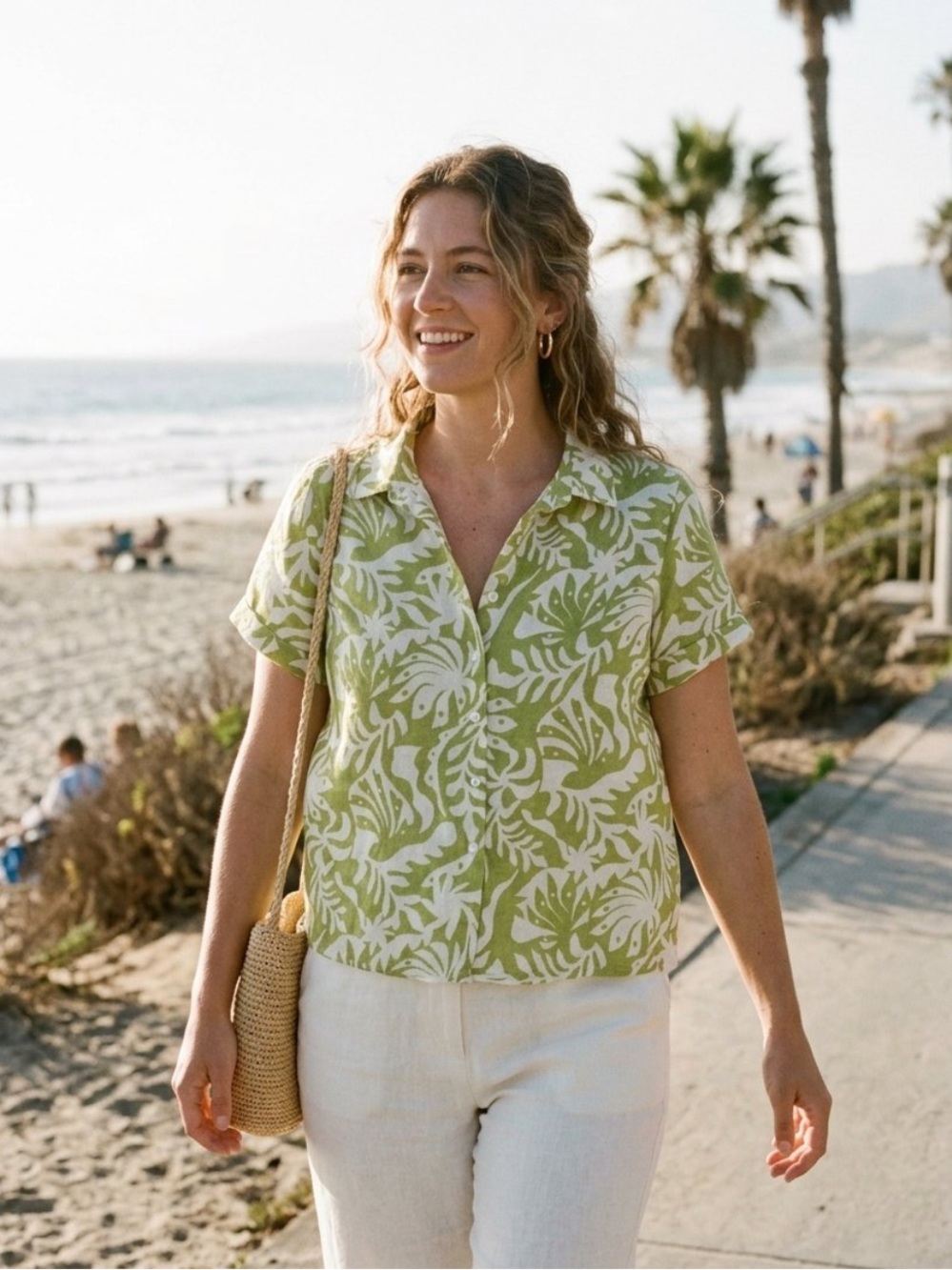 Rachel Zoe 100% Linen Green & White Short-Sleeve Button Shirt Beachy